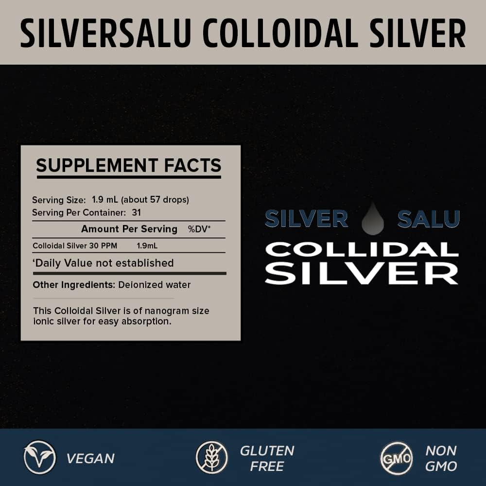 Silversalu Colloidal Silver Liquid Mineral Supplement - Immune Support - 1.9ml Serving Size, Approx. 57 Drops