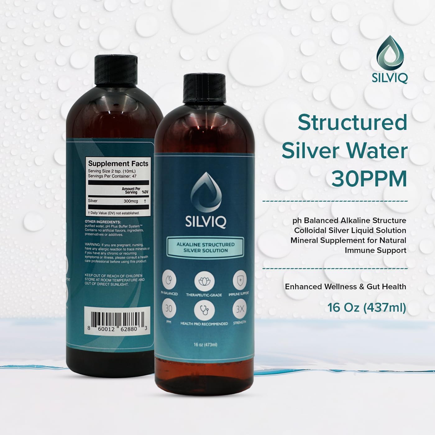 SILVIQ Structured Silver Water 30PPM - Alkaline Liquid Supplement for Immune Support & Gut Health - 16 Oz