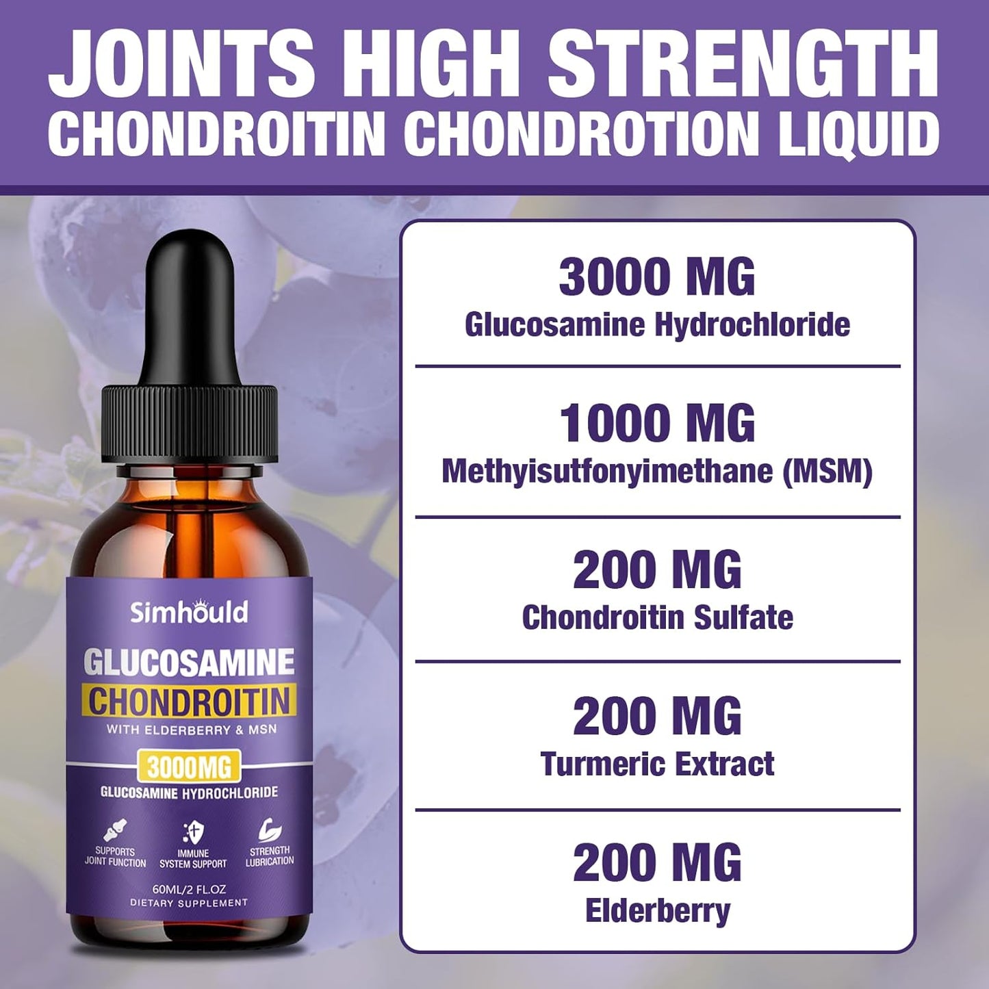 Simhould 2-Pack Glucosamine Chondroitin MSM Drops with Elderberry and Hyaluronic Acid for Joint Support & Immune Boost (4 oz)