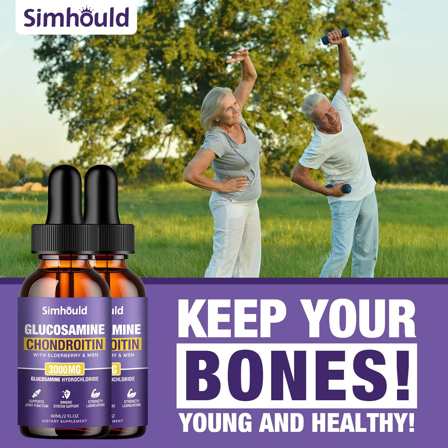 Simhould 2-Pack Glucosamine Chondroitin MSM Drops with Elderberry and Hyaluronic Acid for Joint Support & Immune Boost (4 oz)