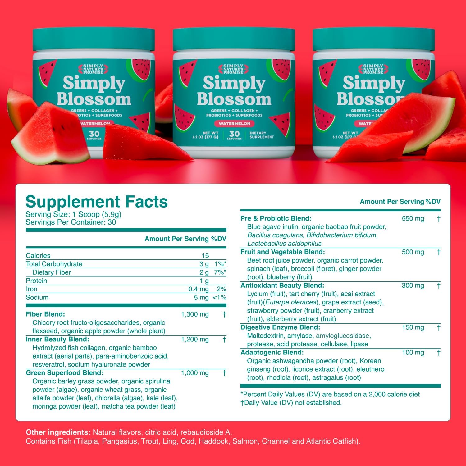 Simply Blossom Nutrition Daily Greens & Superfood Powder with Collagen & Probiotics for Women - Digestive Health & Bloating Relief - Watermelon Flavor - 2 Month Supply