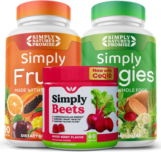 Simply Nature's Promise Fruit and Vegetable Supplements - 90 Veggie and 90 Fruit Capsules with Beets Gummy - 60 Count Combo - 30 Day Supply