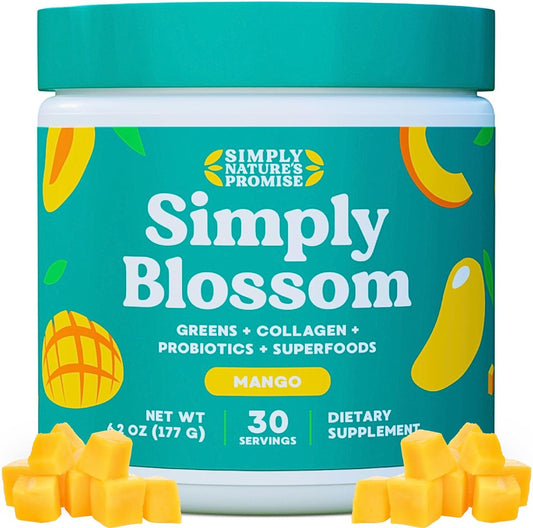 Simply Nature's Promise Women's Daily Greens & Superfood Powder with Collagen, Probiotics, and Mango Flavor for Digestive Health & Bloating Relief - 30 Day Supply
