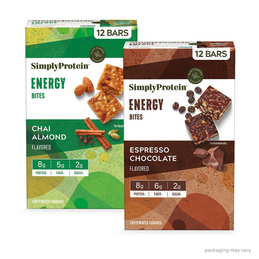 Simply Protein Energy Bites Variety Pack - Plant-Based Caffeinated Squares - 24 Bars with 55mg Caffeine - Energy Boost with 8g Protein, 2g Sugar, 5-6g Fiber, 120-130 Calories - Vegan, Gluten Free, Non GMO