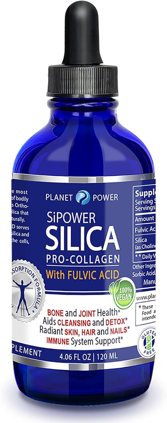 SiPower Silica Vegan Collagen + Fulvic Acid 4oz Glass Bottle - Immune System Support with Maximum Absorption - Concentrated Formula for Bones, Joints, Skin, Hair, Nails, and Digestive Health.