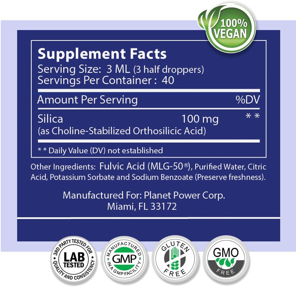 SiPower Silica Vegan Collagen + Fulvic Acid 4oz Glass Bottle - Immune System Support with Maximum Absorption - Concentrated Formula for Bones, Joints, Skin, Hair, Nails, and Digestive Health.