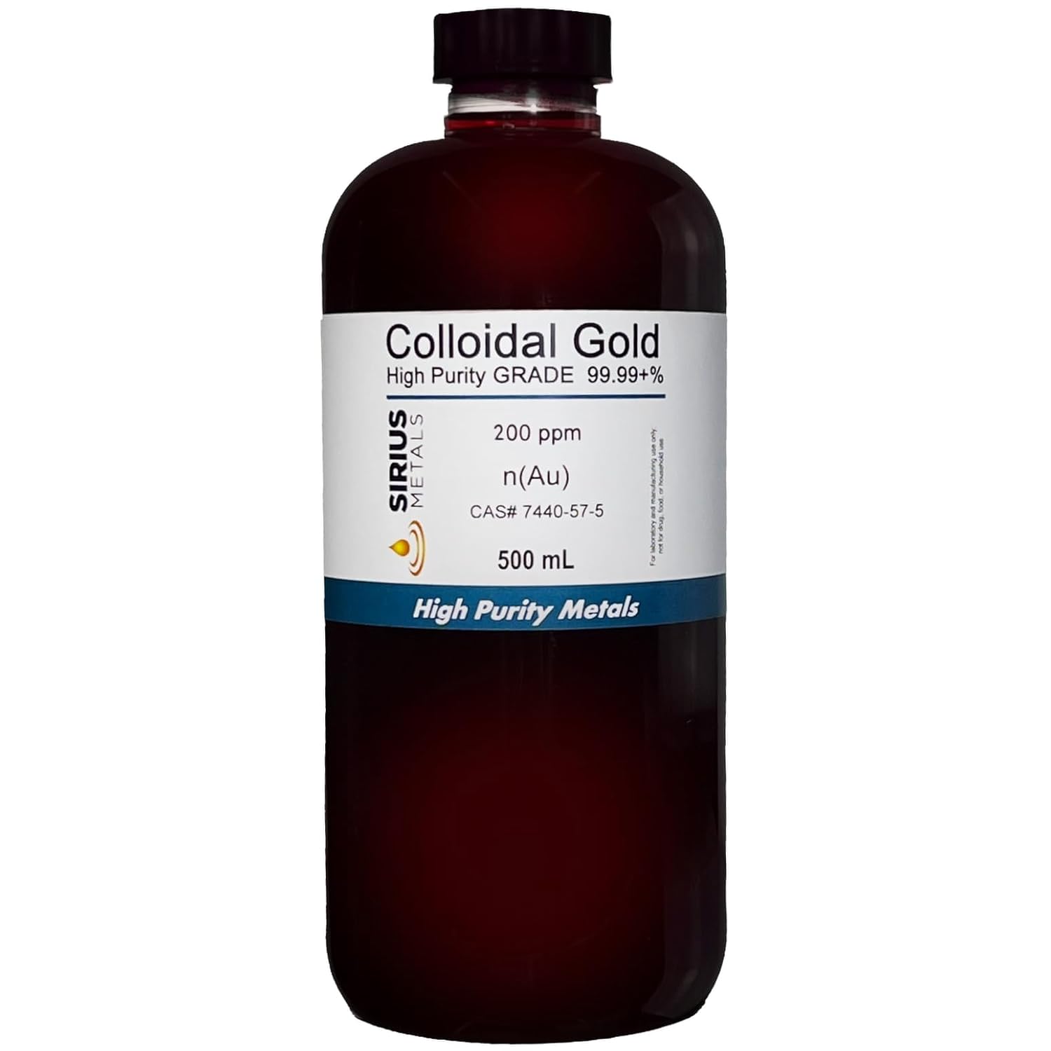 Sirius Metals 99.99% Pure True Colloidal Gold 200 ppm - 500 mL (16.9 Fl Oz) - Made in USA - BPA-Free Bottle