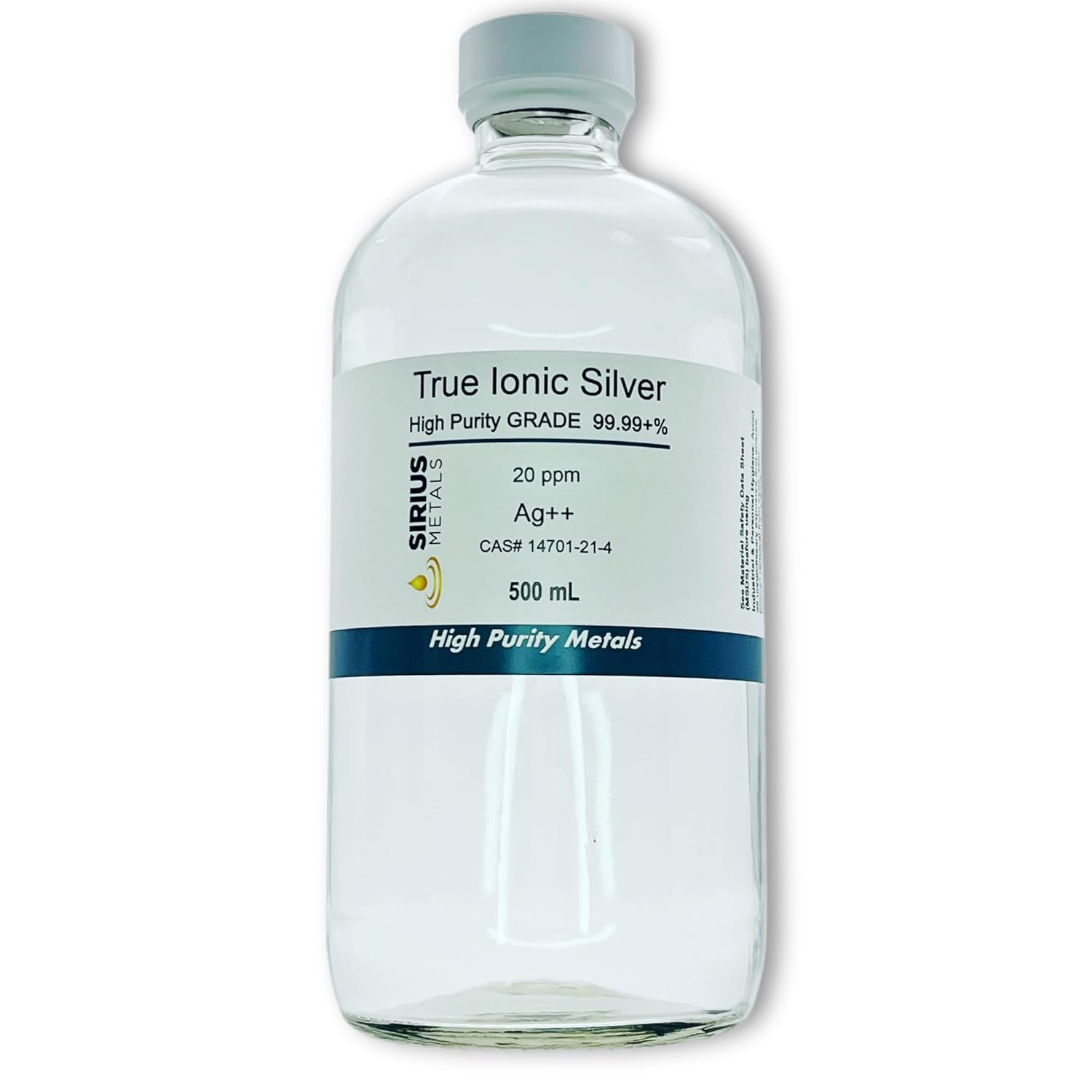 Sirius Metals Ionic Silver Solution - 20 ppm Concentration in 500mL Glass Bottle