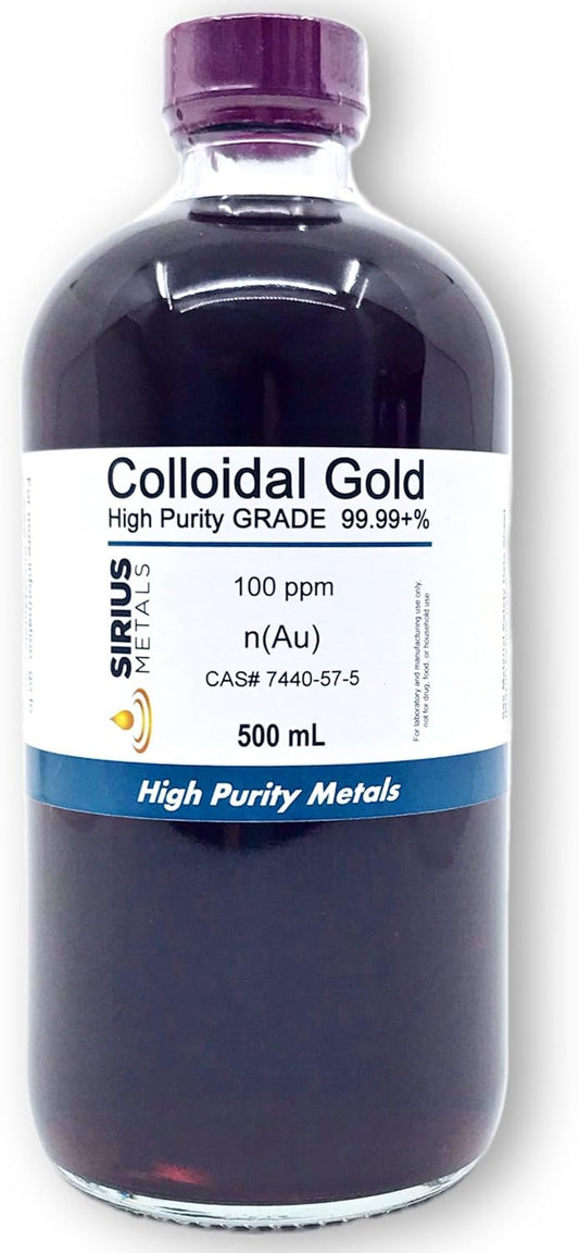 Sirius Metals True Colloidal Gold 100 ppm - High Purity - 500 mL Clear Glass Bottle