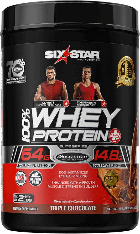 Six Star Whey Protein Plus - Whey Protein Isolate & Peptides for Muscle Gain - Chocolate, 2 lbs - BoostGo Australia