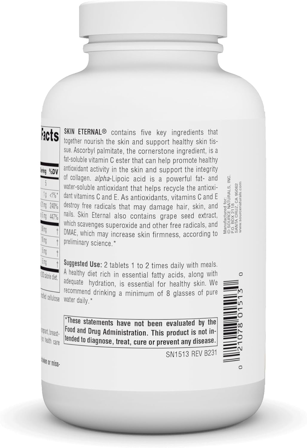 Skin Eternal by Source Naturals: DMAE, LIPOIC Acid, & C Ester - 240 Tablets | Dietary Supplement
