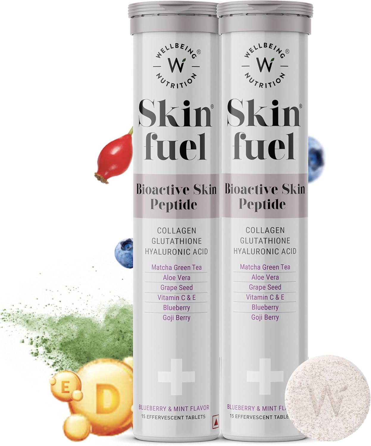 Skin Fuel Effervescent Tablets with Collagen, L-Glutathione, Hyaluronic Acid, Matcha Green Tea, Aloe Vera, Grape Seed, Vitamin C & E - 30 Count