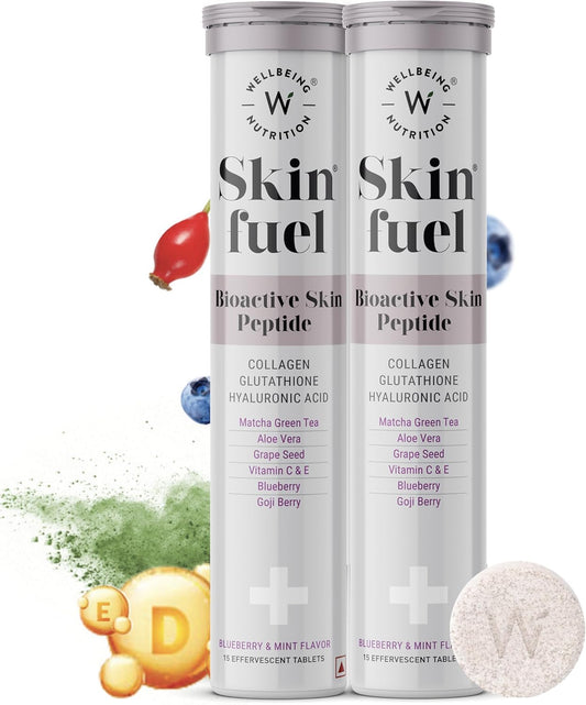 Skin Fuel Effervescent Tablets with Collagen, L-Glutathione, Hyaluronic Acid, Matcha Green Tea, Aloe Vera, Grape Seed, Vitamin C & E - 30 Count