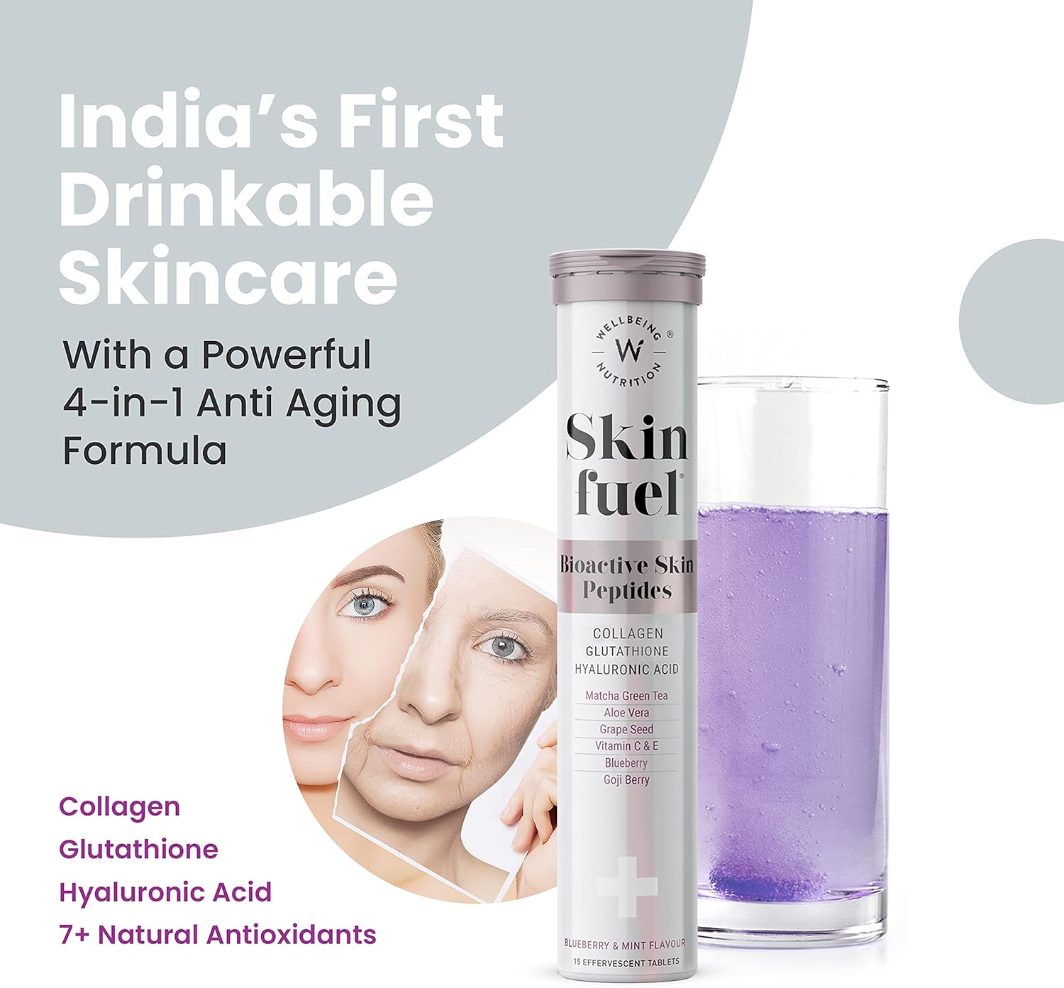 Skin Fuel Effervescent Tablets with Collagen, L-Glutathione, Hyaluronic Acid, Matcha Green Tea, Aloe Vera, Grape Seed, Vitamin C & E - 30 Count