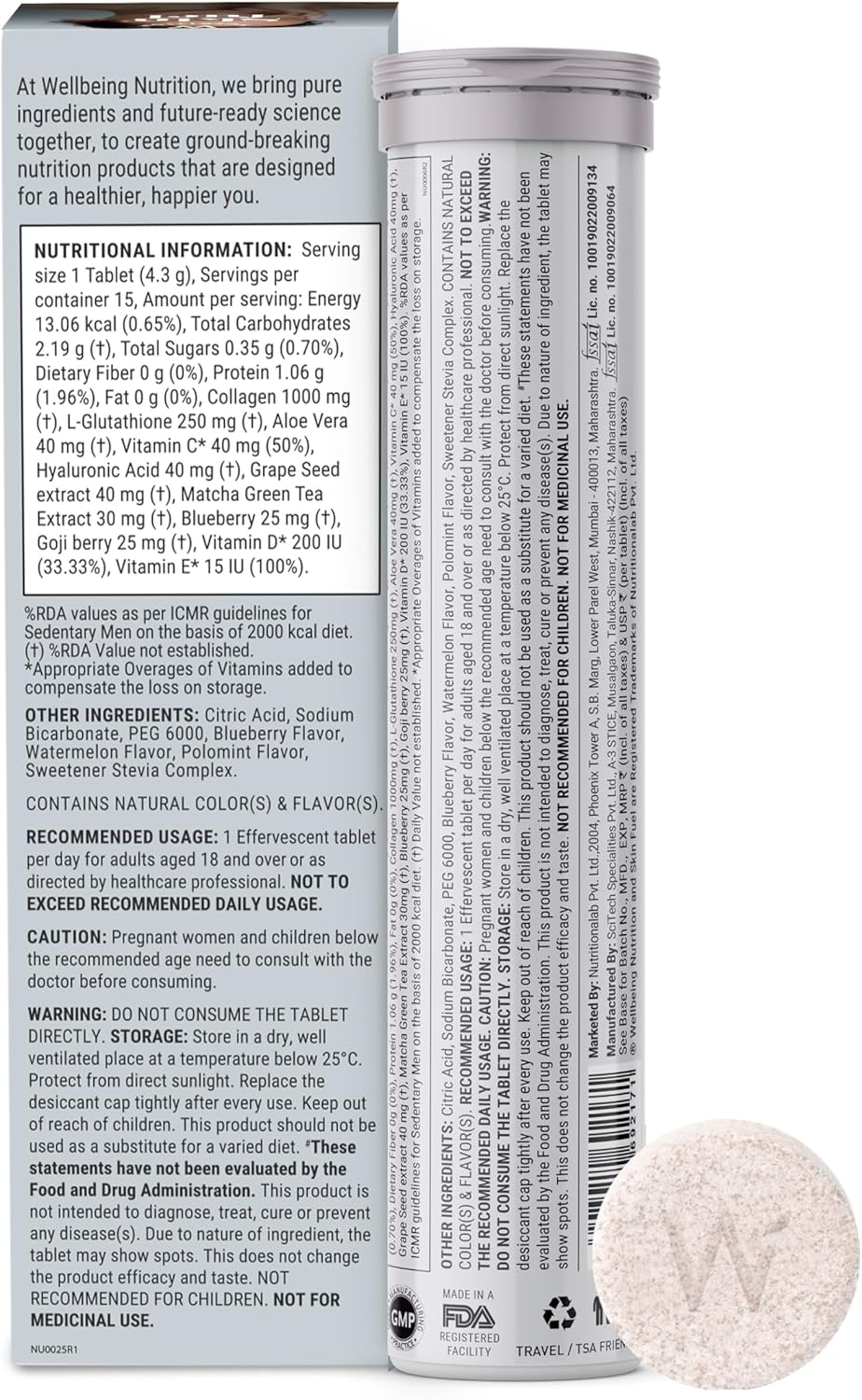 Skin Fuel Effervescent Tablets with Collagen, L-Glutathione, Hyaluronic Acid, Matcha Green Tea, Aloe Vera, Grape Seed, Vitamin C & E - 30 Count