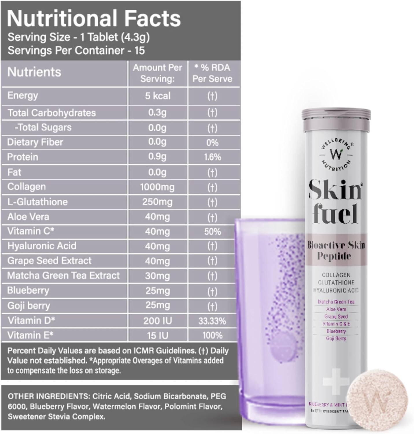 Skin Fuel Effervescent Tablets with Collagen, L-Glutathione, Hyaluronic Acid, Matcha Green Tea, Aloe Vera, Grape Seed, Vitamin C & E - 30 Count