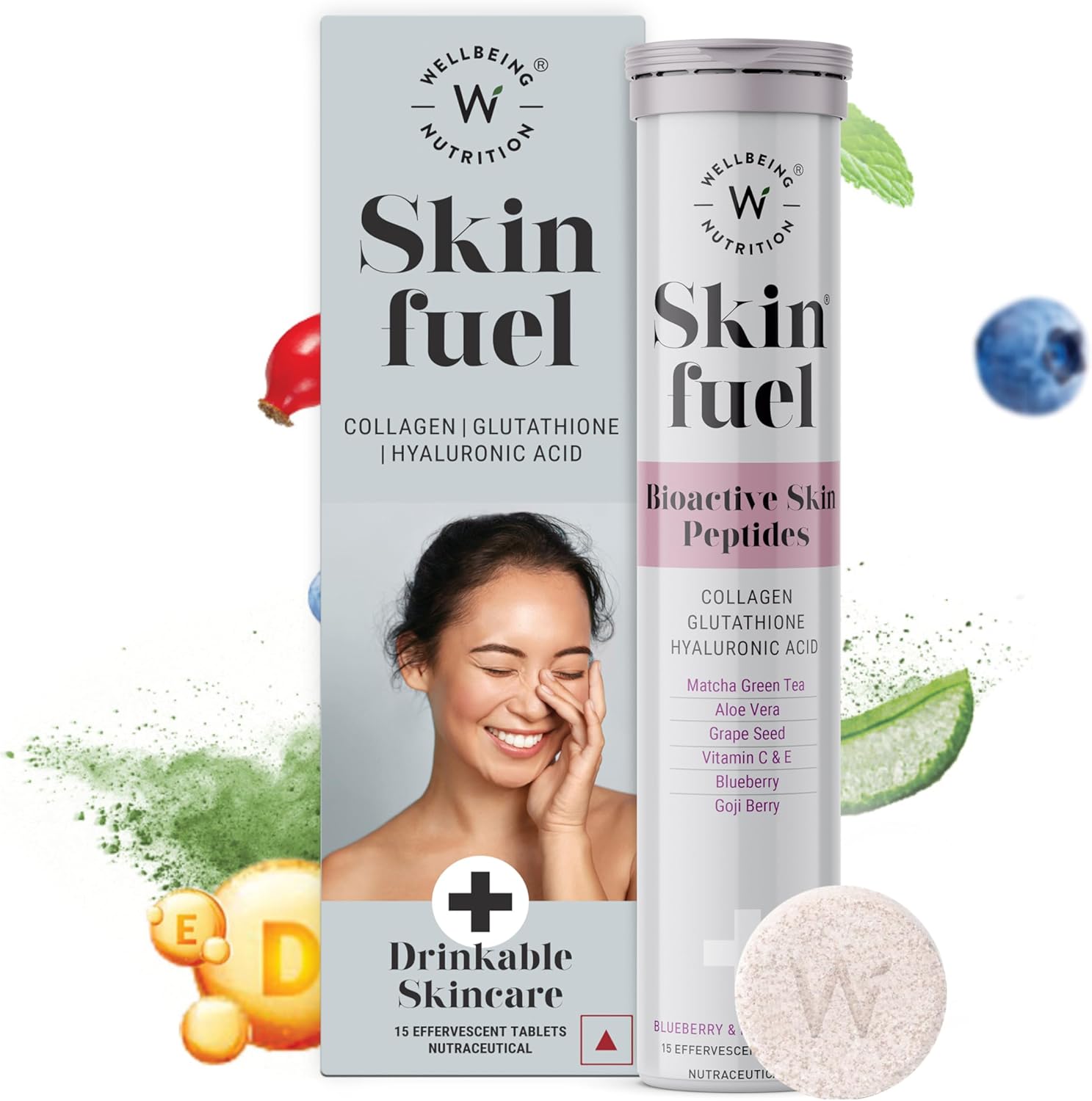 Skin Fuel Effervescent Tablets with Collagen, L-Glutathione, Hyaluronic Acid, Matcha Green Tea, Aloe Vera, Grape Seed, Vitamin C & E - 30 Count