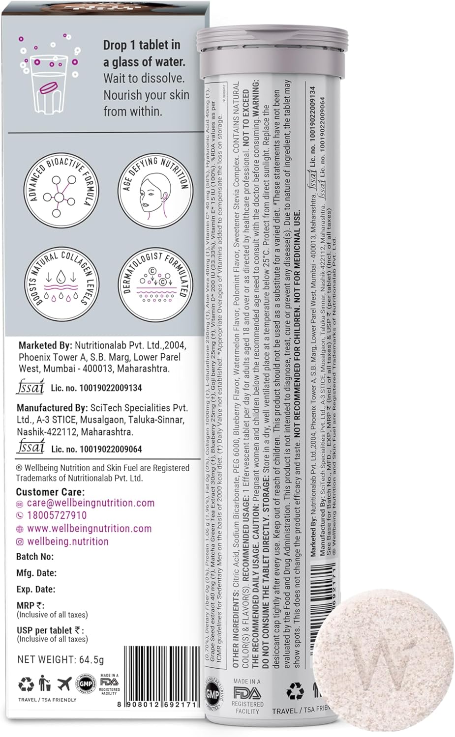 Skin Fuel Effervescent Tablets with Collagen, L-Glutathione, Hyaluronic Acid, Matcha Green Tea, Aloe Vera, Grape Seed, Vitamin C & E - 30 Count