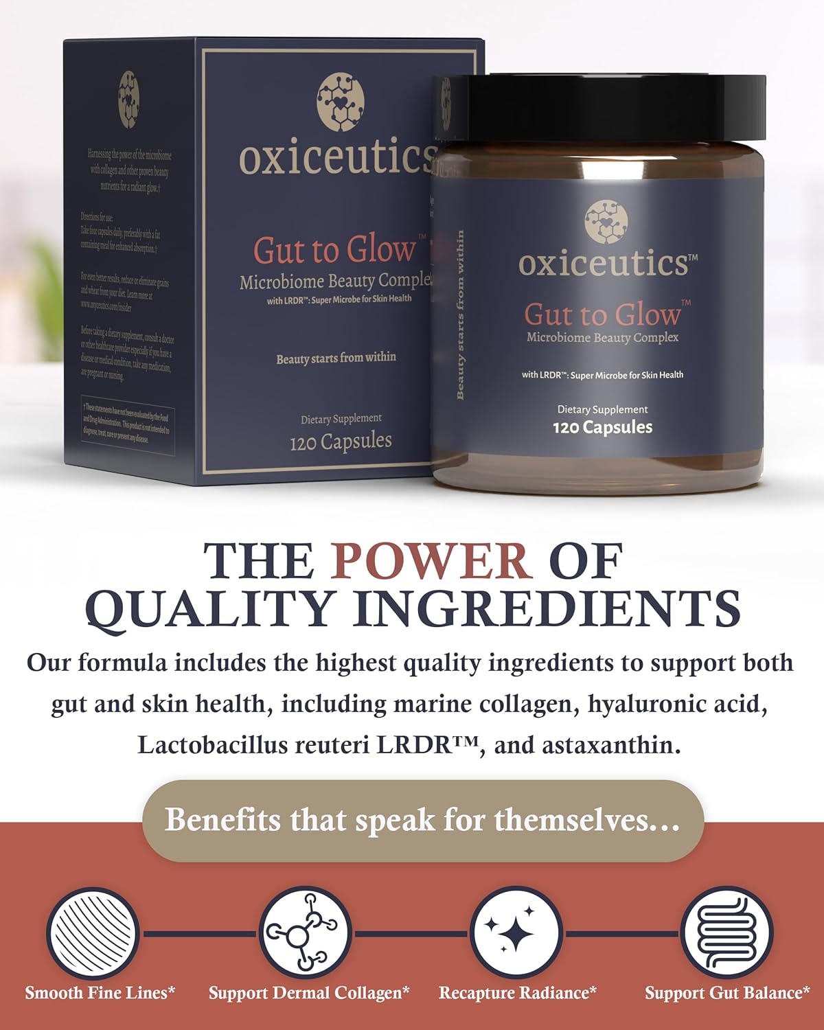 Skin Glow Probiotics - Marine Collagen & Astaxanthin - Hyaluronic Acid - 120 Capsules