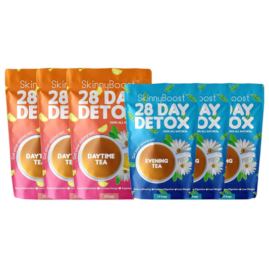 SkinnyBoost 28 Day Detox Tea Kit (3 PACK) - Non GMO, Vegan, All Natural Cleanse Kit with Daytime and Evening Teas