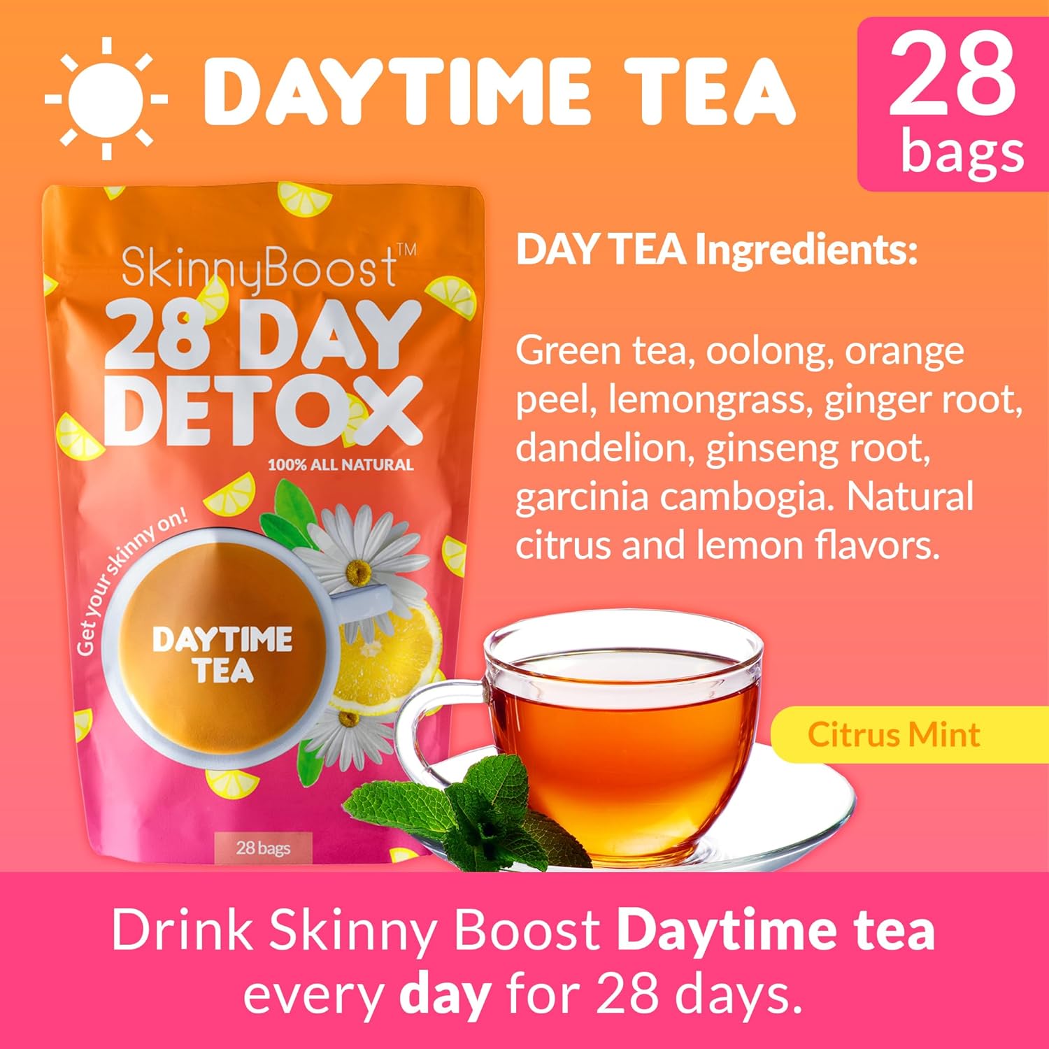 SkinnyBoost 28 Day Detox Tea Kit (3 PACK) - Non GMO, Vegan, All Natural Cleanse Kit with Daytime and Evening Teas