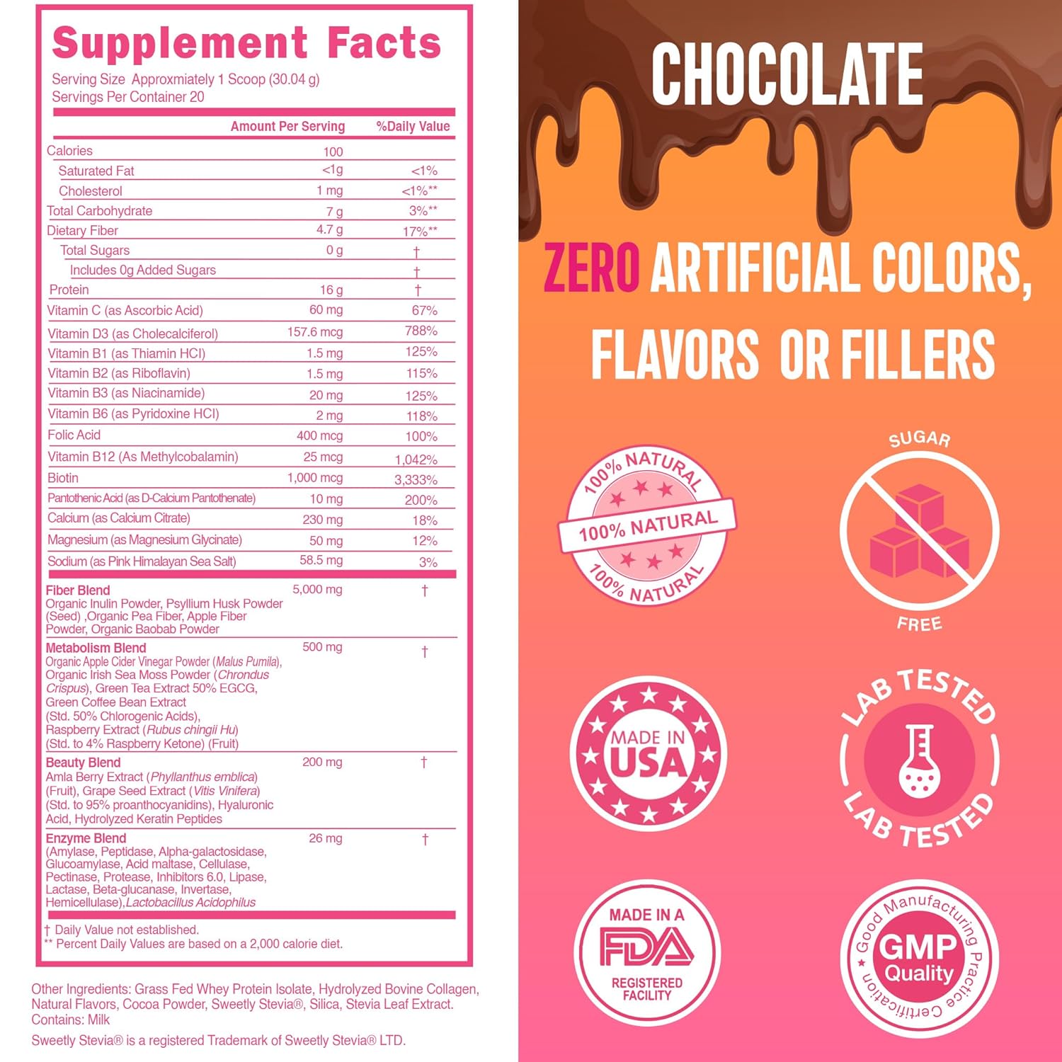 SkinnyBoost Lean Beauty Shake Protein Powder - Chocolate Flavor - Grass-Fed Whey Protein, Hydrolyzed Collagen, Beauty Ingredients, Vitamins, Metabolism Support - Natural, Sugar-Free - 20 Servings - USA Made