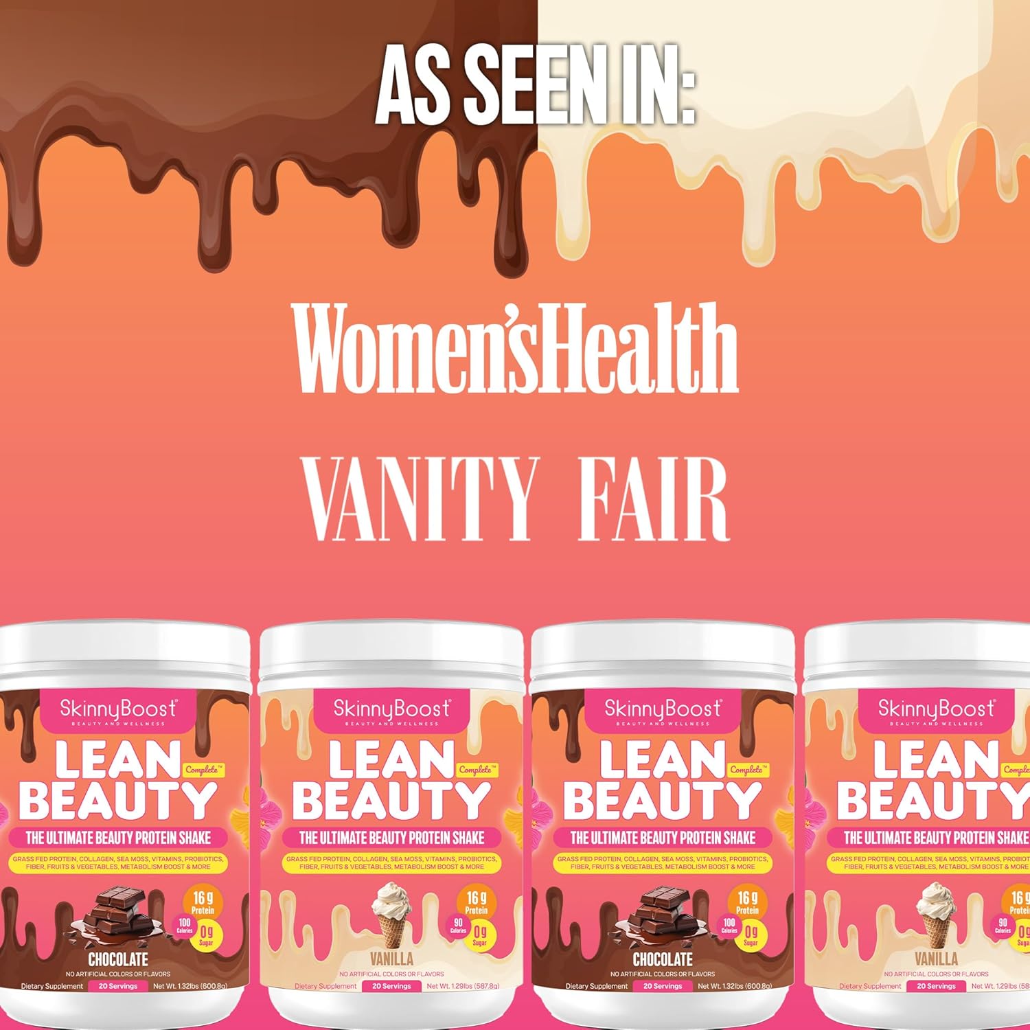SkinnyBoost Lean Beauty Shake Protein Powder - Chocolate Flavor - Grass-Fed Whey Protein, Hydrolyzed Collagen, Beauty Ingredients, Vitamins, Metabolism Support - Natural, Sugar-Free - 20 Servings - USA Made