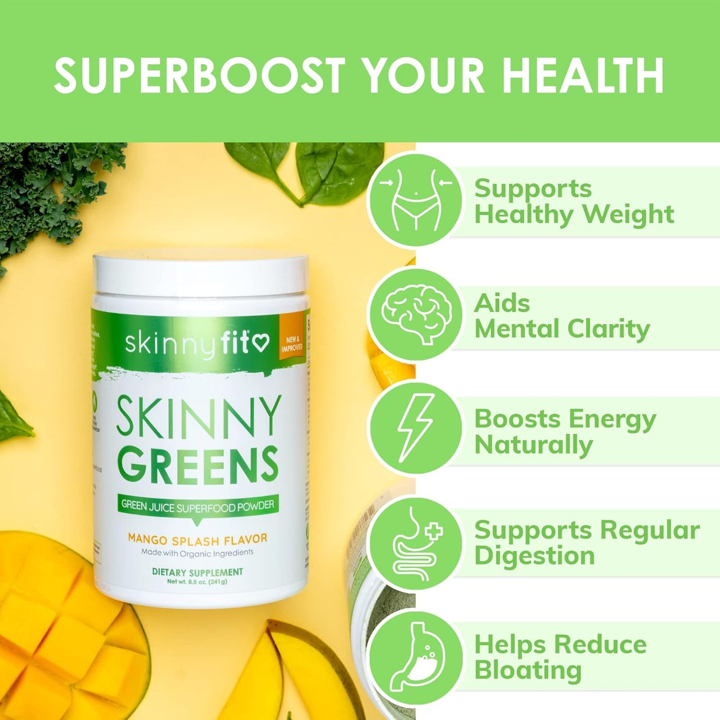 SkinnyFit Mango Splash Skinny Greens Powder - Natural Energy & Focus, Reduce Bloating, Spirulina, Chlorella - 30 Servings