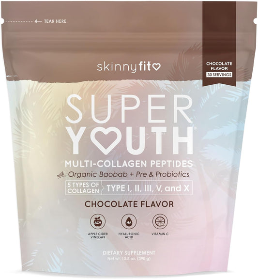SkinnyFit Super Youth Chocolate Multi-Collagen Peptides with Probiotics, Baobab Fiber, Apple Cider Vinegar, Hyaluronic Acid, and Vitamin C for Skin, Hair, Joint, and Metabolism - 30 Servings