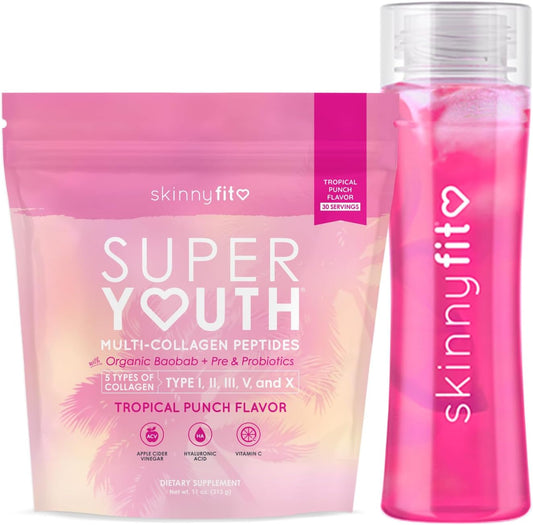 SkinnyFit Super Youth Tropical Punch Collagen Bundle with Bottle - Improve Skin Health and Vitality