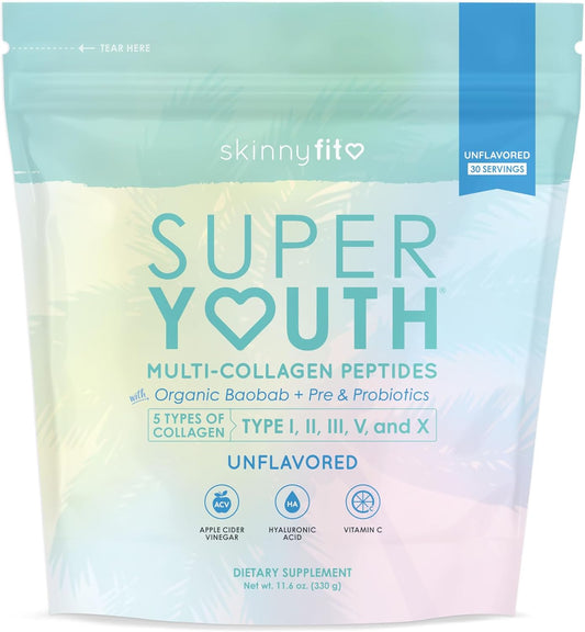 SkinnyFit Super Youth Unflavored Collagen Peptides with Probiotics, Fiber, ACV, Hyaluronic Acid, Vitamin C - Skin, Hair, Joint, Metabolism Support - 30 Servings