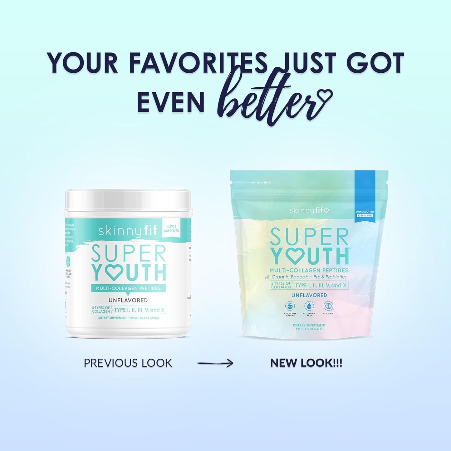 SkinnyFit Super Youth Unflavored Collagen Peptides with Probiotics, Fiber, ACV, Hyaluronic Acid, Vitamin C - Skin, Hair, Joint, Metabolism Support - 30 Servings