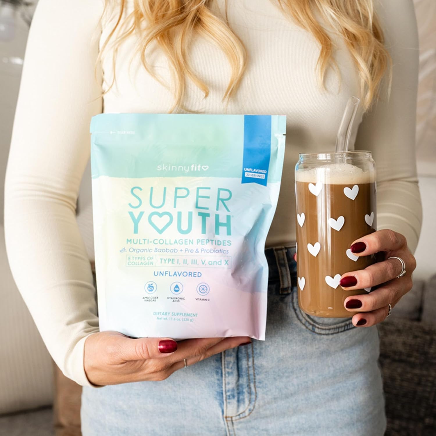 SkinnyFit Super Youth Unflavored Collagen Peptides with Probiotics, Fiber, ACV, Hyaluronic Acid, Vitamin C - Skin, Hair, Joint, Metabolism Support - 30 Servings
