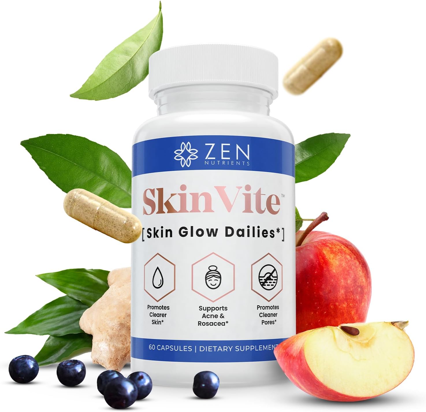 SkinVite Natural Skin Supplement - Hormonal Skin Treatment for Women, Men, Teens - Clear Skin & Acne Support - Detoxifying Vitamin for Digestion - Zen Nutrients