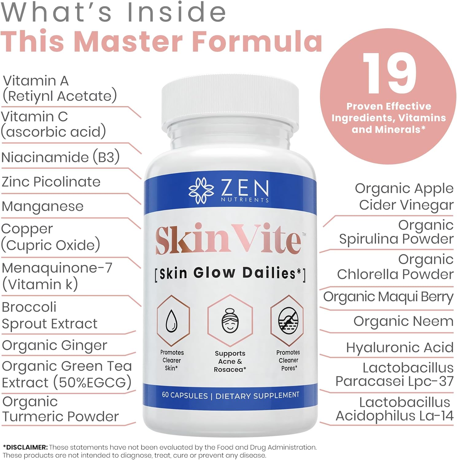 SkinVite Natural Skin Supplement - Hormonal Skin Treatment for Women, Men, Teens - Clear Skin & Acne Support - Detoxifying Vitamin for Digestion - Zen Nutrients
