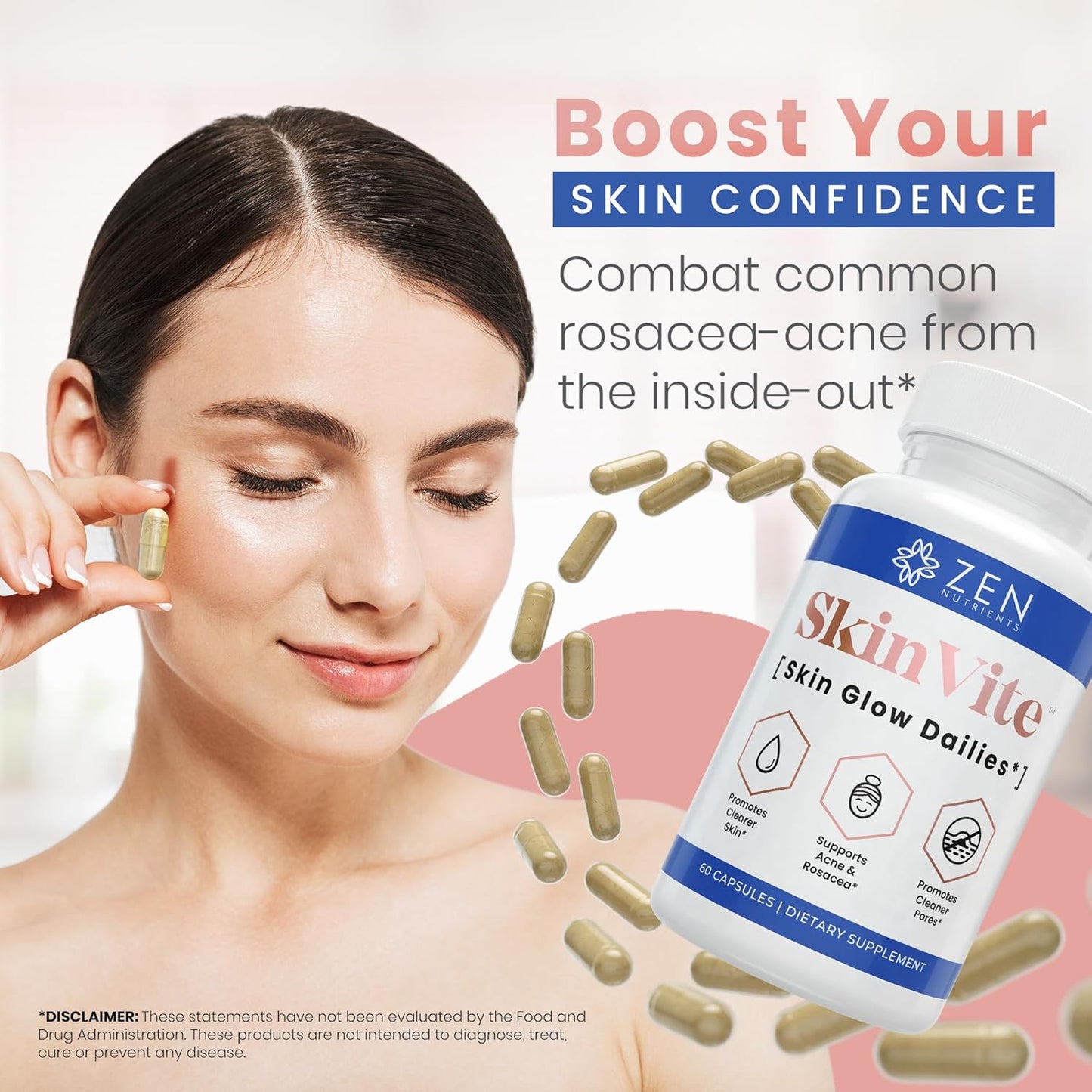 SkinVite Natural Skin Supplement - Hormonal Skin Treatment for Women, Men, Teens - Clear Skin & Acne Support - Detoxifying Vitamin for Digestion - Zen Nutrients