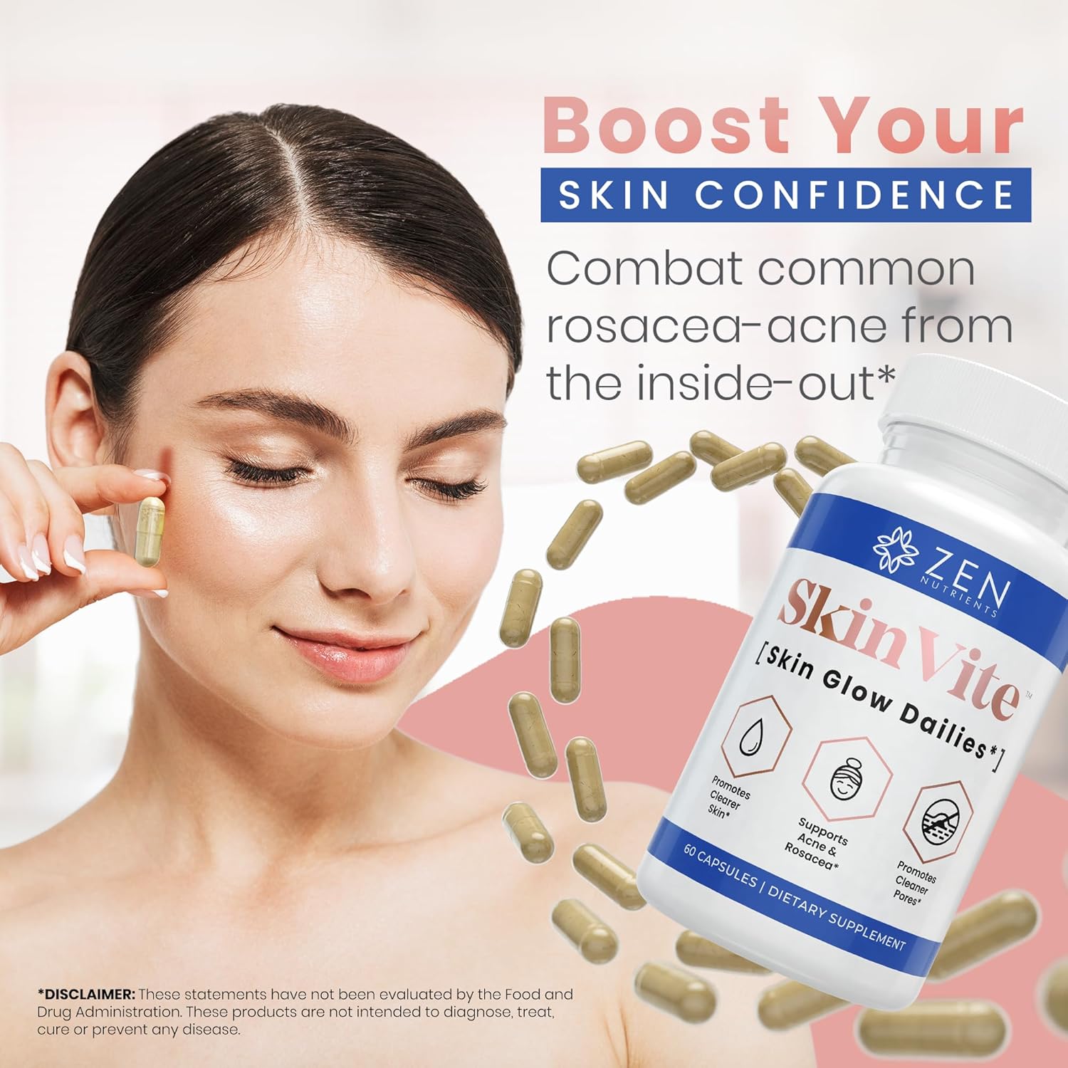 SkinVite Natural Skin Supplement - Hormonal Skin Treatment for Women, Men, Teens - Clear Skin & Acne Support - Detoxifying Vitamin for Digestion - Zen Nutrients