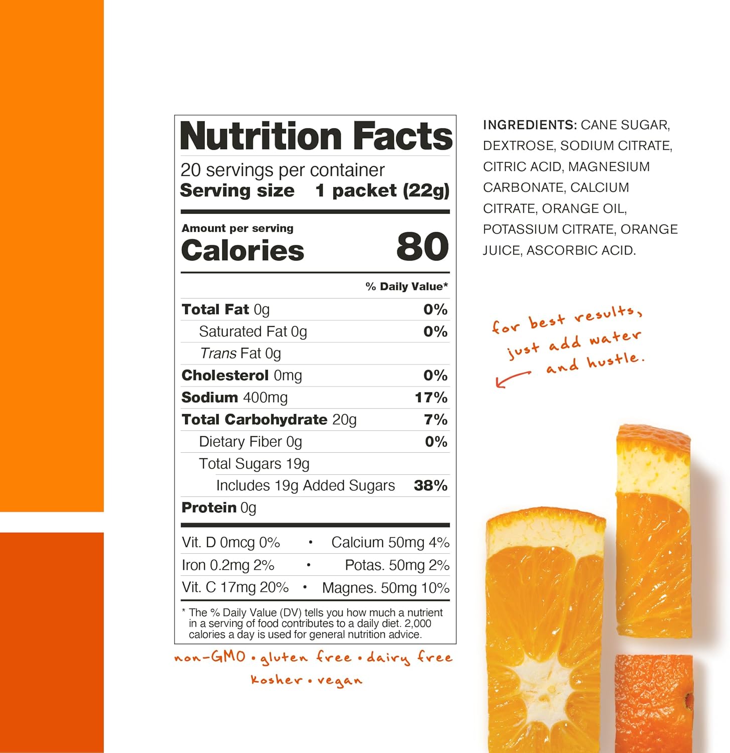 Skratch Labs Hydration Drink Mix Packets, Orange Flavor (20ct) - Electrolyte Powder for Athletes - Gluten Free, Vegan, Kosher