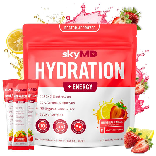 SkyMD Electrolyte Energy Powder Packets - Strawberry Lemonade Flavor | Boosts Focus & Performance | Natural Caffeine & Hydration Support | 14 Sticks