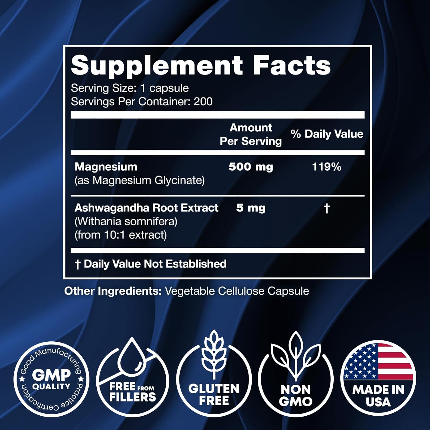 Sleep Support Magnesium Supplement with Ashwagandha Root Extract - High Absorption Chelated Magnesium Capsules - 400mg Magnesium Glycinate + 100mg Manganese - 200 Vegan Capsules