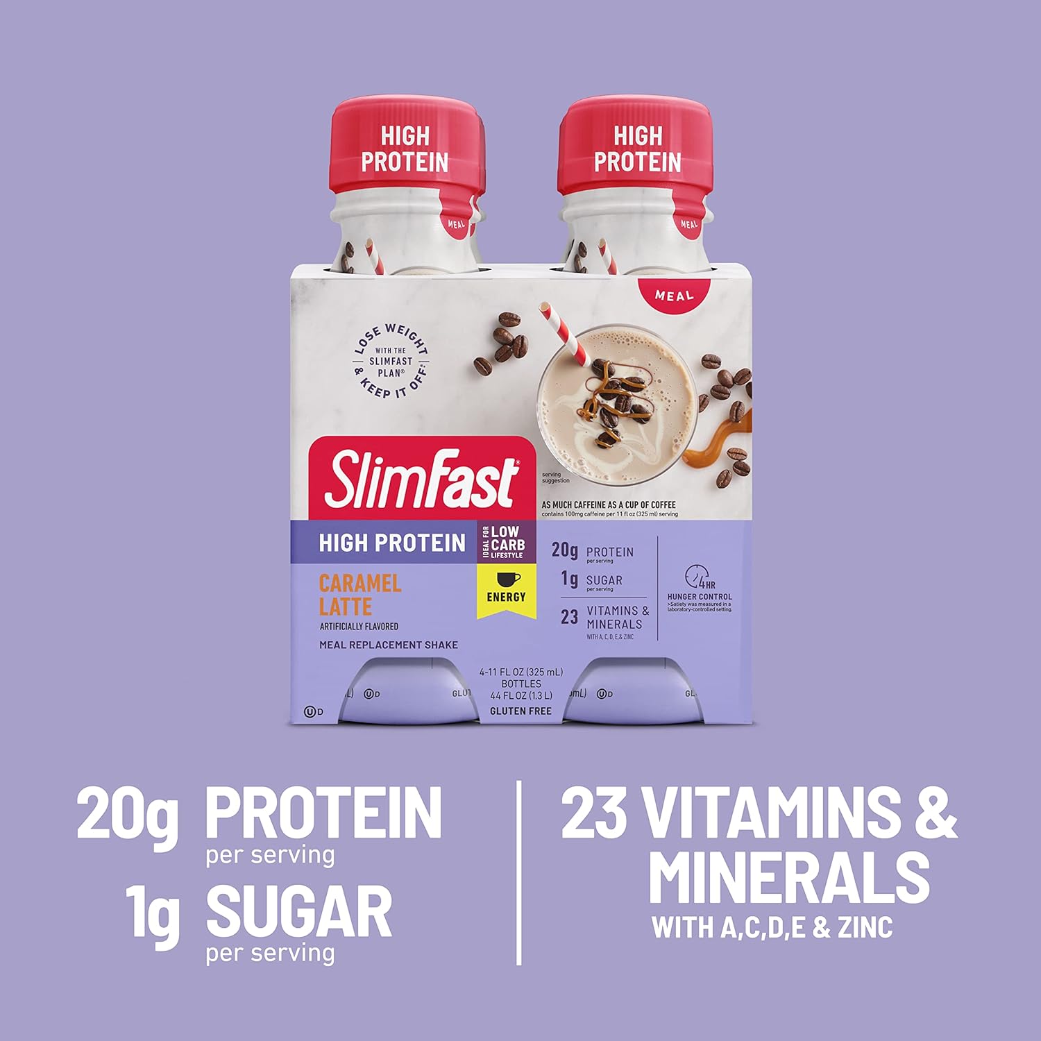 SlimFast Advanced Energy Caramel Latte Shake - Ready to Drink Meal Replacement with 20g of Protein - 11 fl. oz. Bottle, 4 Pack