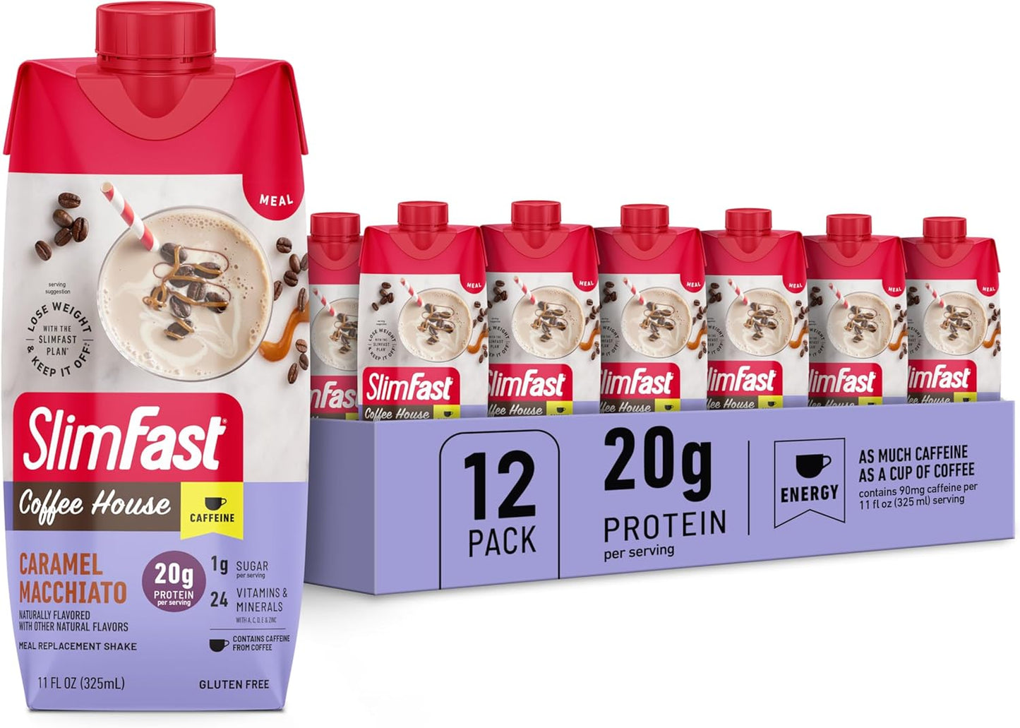 SlimFast Caramel Macchiato Protein Shake - 20g Protein, Meal Replacement with Caffeine, Low Carb, Low Sugar, 24 Vitamins - 12 Count Pack