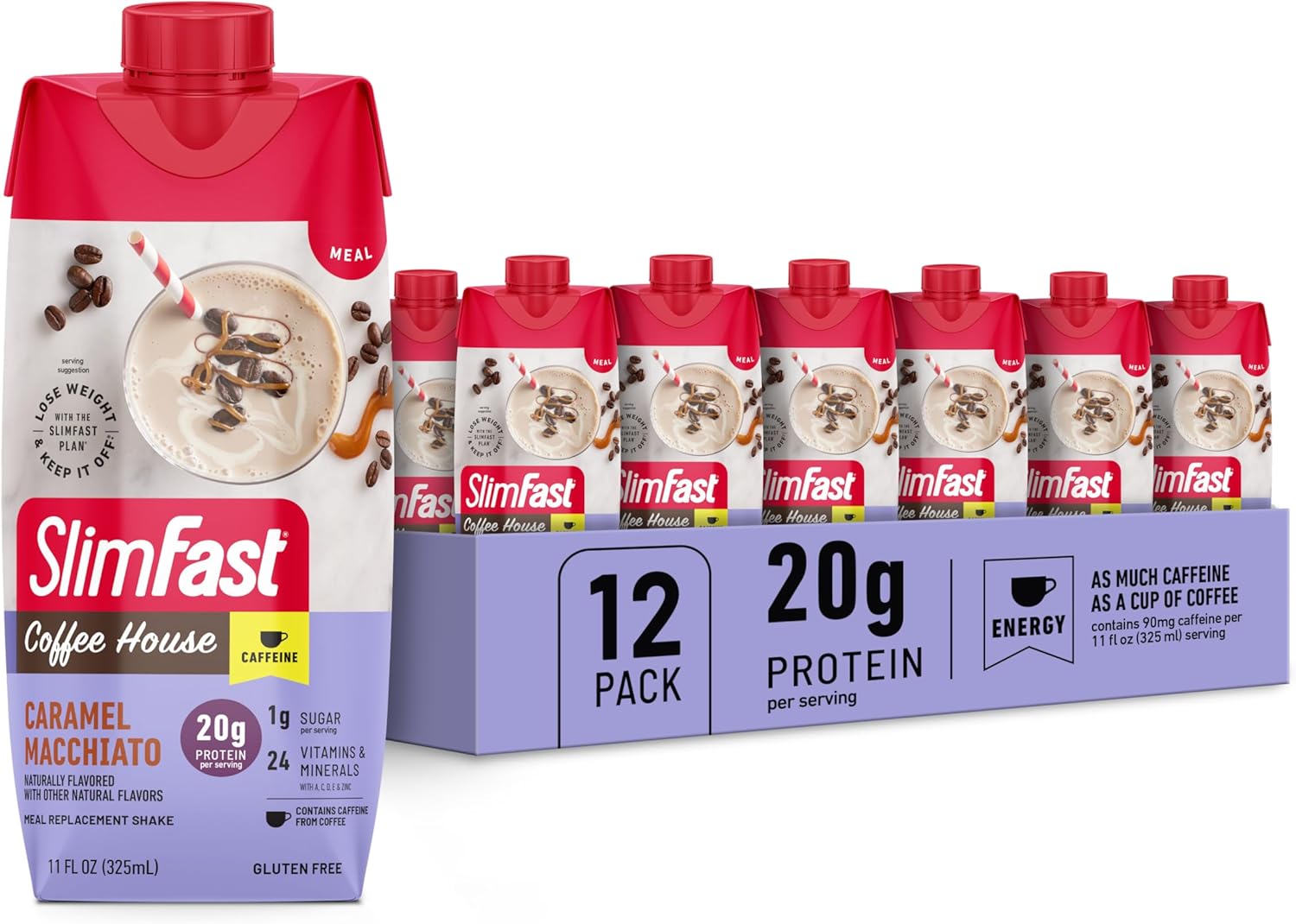 SlimFast Caramel Macchiato Protein Shake - 20g Protein, Meal Replacement with Caffeine, Low Carb, Low Sugar, 24 Vitamins - 12 Count Pack
