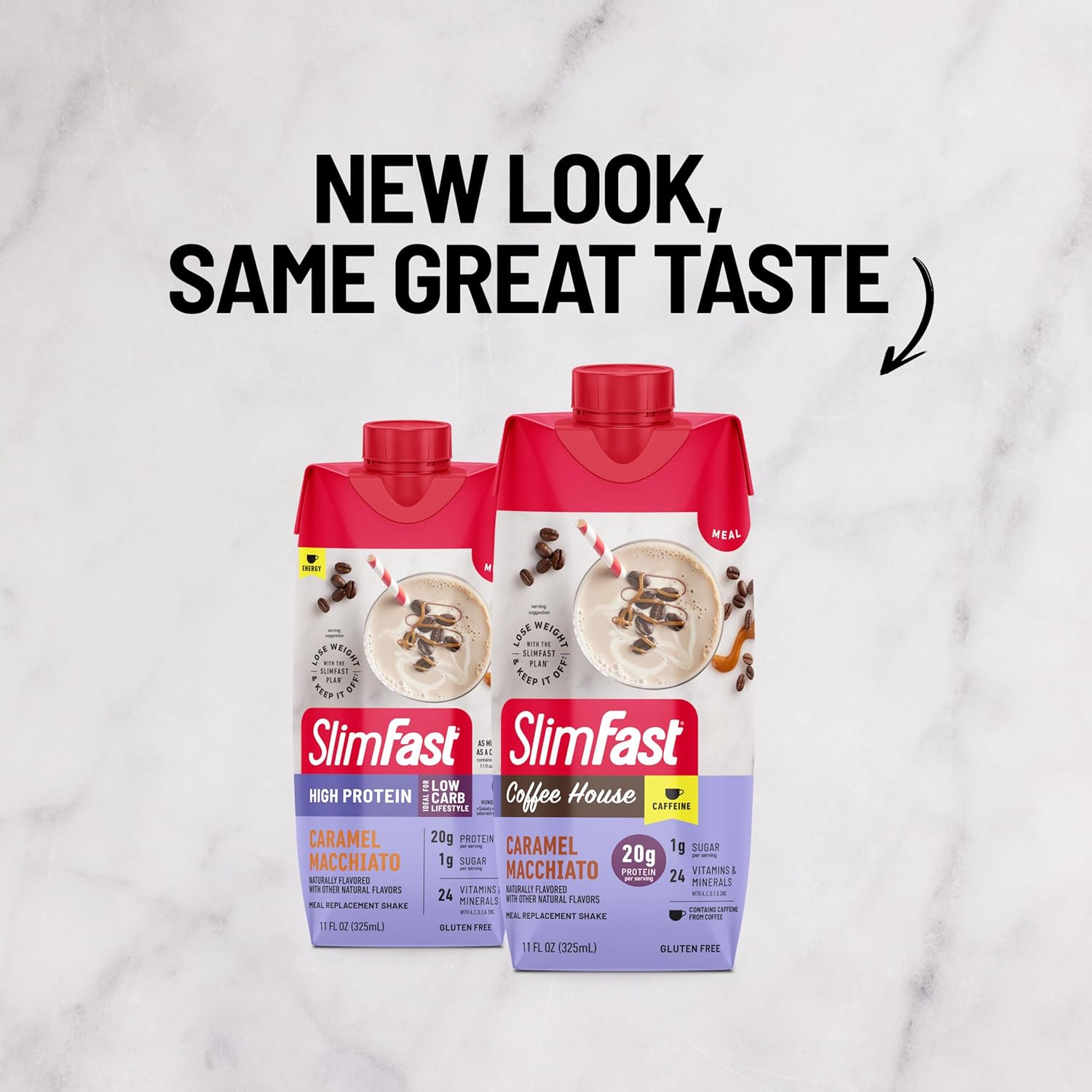 SlimFast Caramel Macchiato Protein Shake - 20g Protein, Meal Replacement with Caffeine, Low Carb, Low Sugar, 24 Vitamins - 12 Count Pack