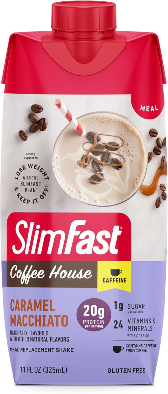 SlimFast Caramel Macchiato Protein Shake - 20g Protein, Meal Replacement with Caffeine, Low Carb, Low Sugar, 24 Vitamins - 12 Count Pack