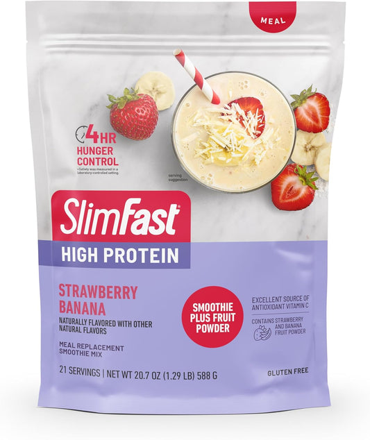 SlimFast High Protein Smoothie Mix Plus Fruit Powder, Strawberry Banana Flavor, 21 Servings, 1.29lbs, Meal Replacement Powder with Fiber and Vitamin C