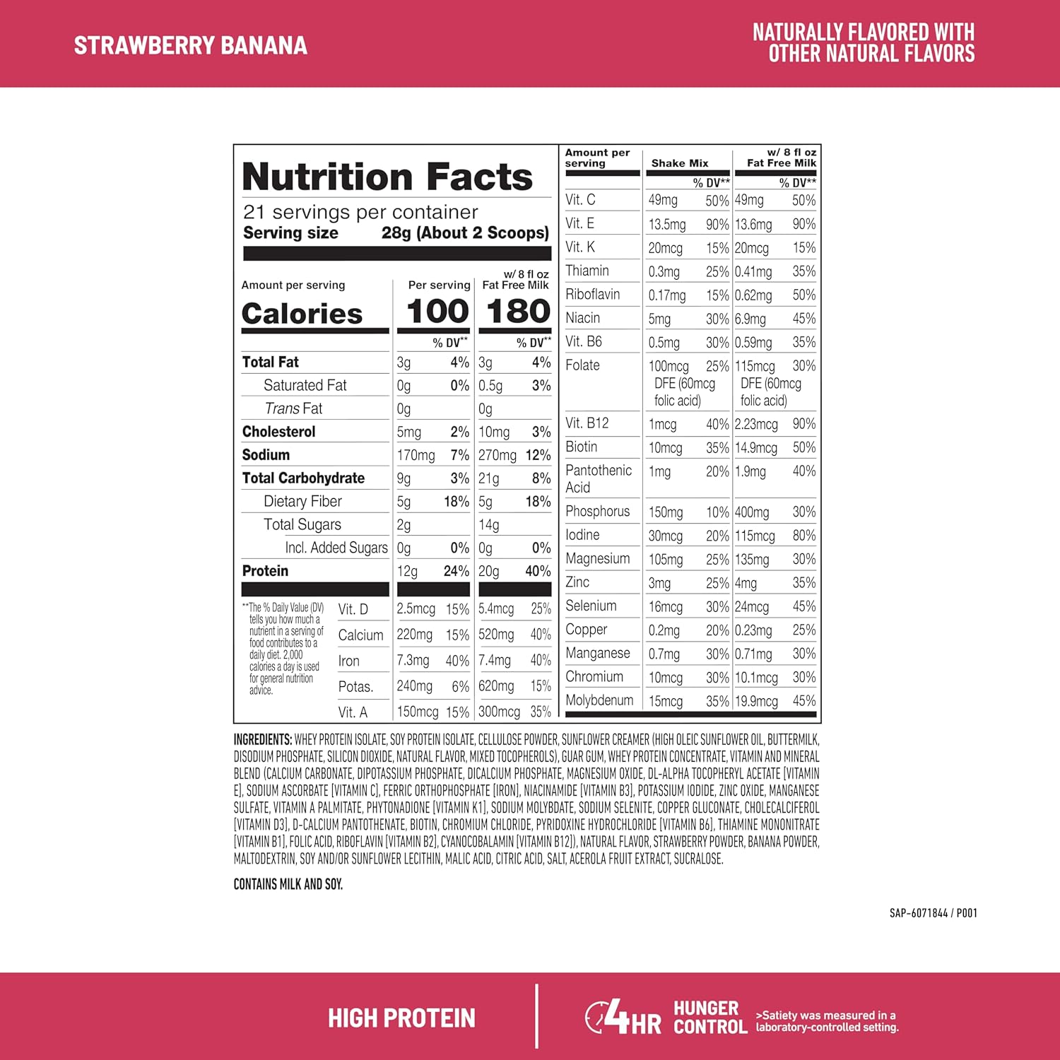 SlimFast High Protein Smoothie Mix Plus Fruit Powder, Strawberry Banana Flavor, 21 Servings, 1.29lbs, Meal Replacement Powder with Fiber and Vitamin C