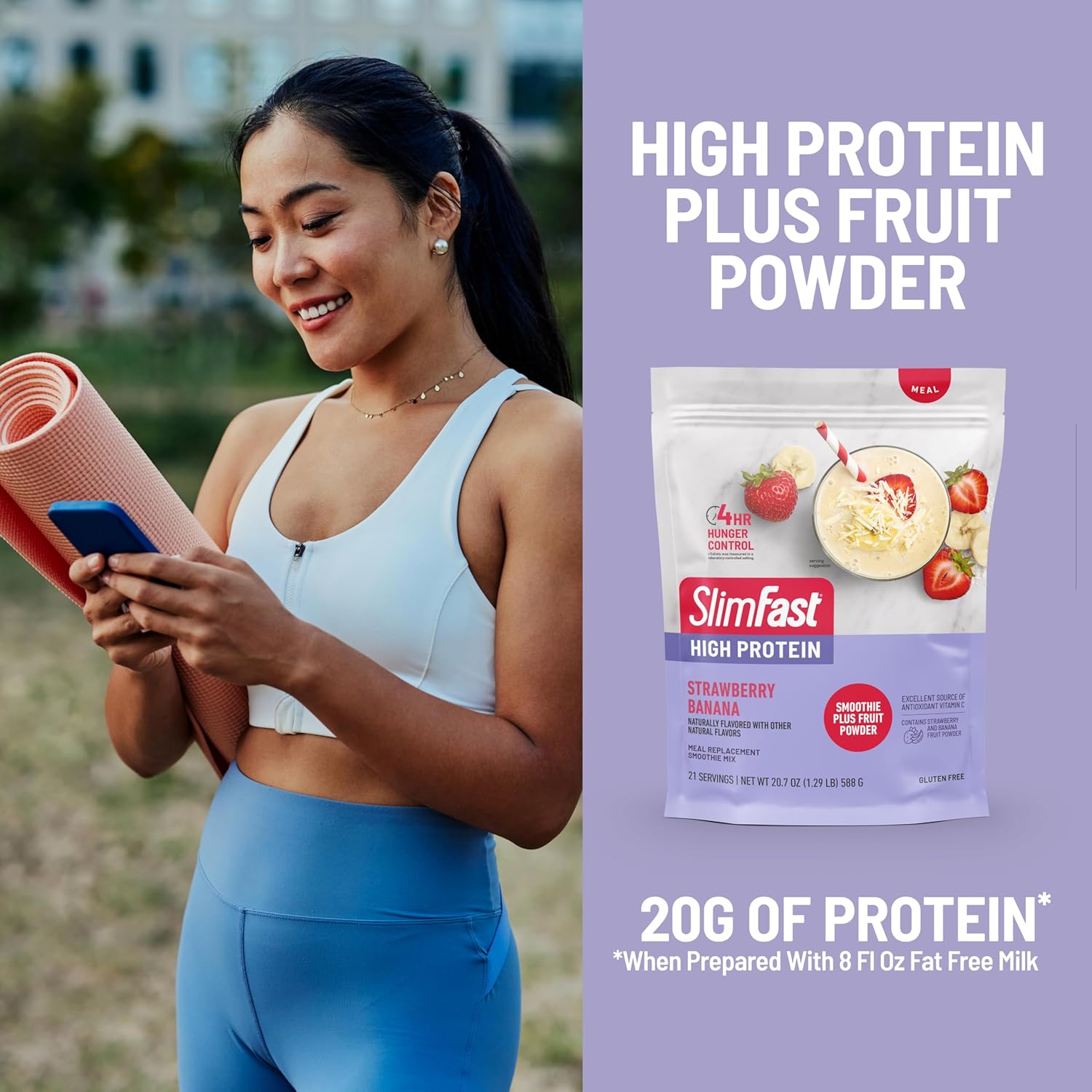 SlimFast High Protein Smoothie Mix Plus Fruit Powder, Strawberry Banana Flavor, 21 Servings, 1.29lbs, Meal Replacement Powder with Fiber and Vitamin C