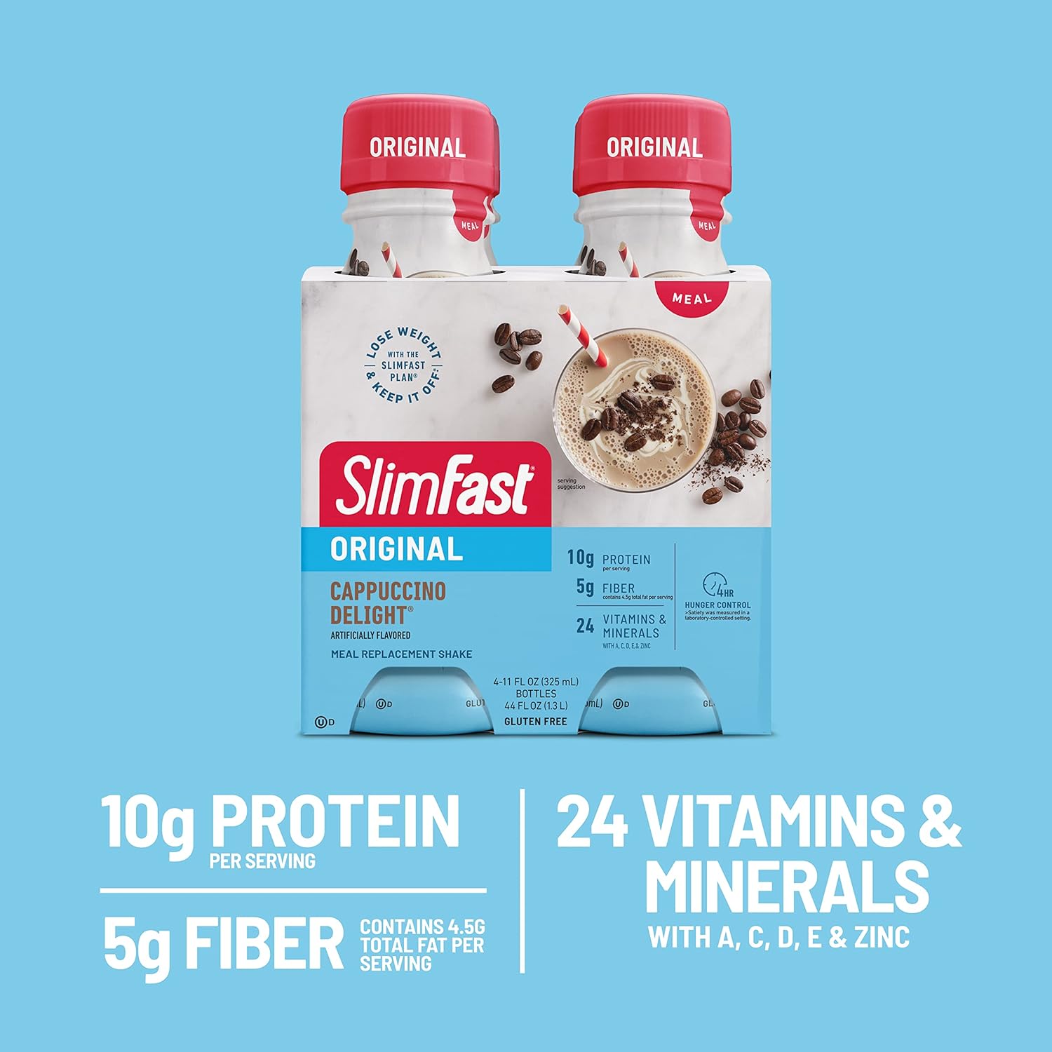 SlimFast Original Cappuccino Delight Meal Replacement Shake - Ready to Drink Protein Shake for Weight Loss - 4 Count, 11 Fl. Oz Bottles - Pack of 3