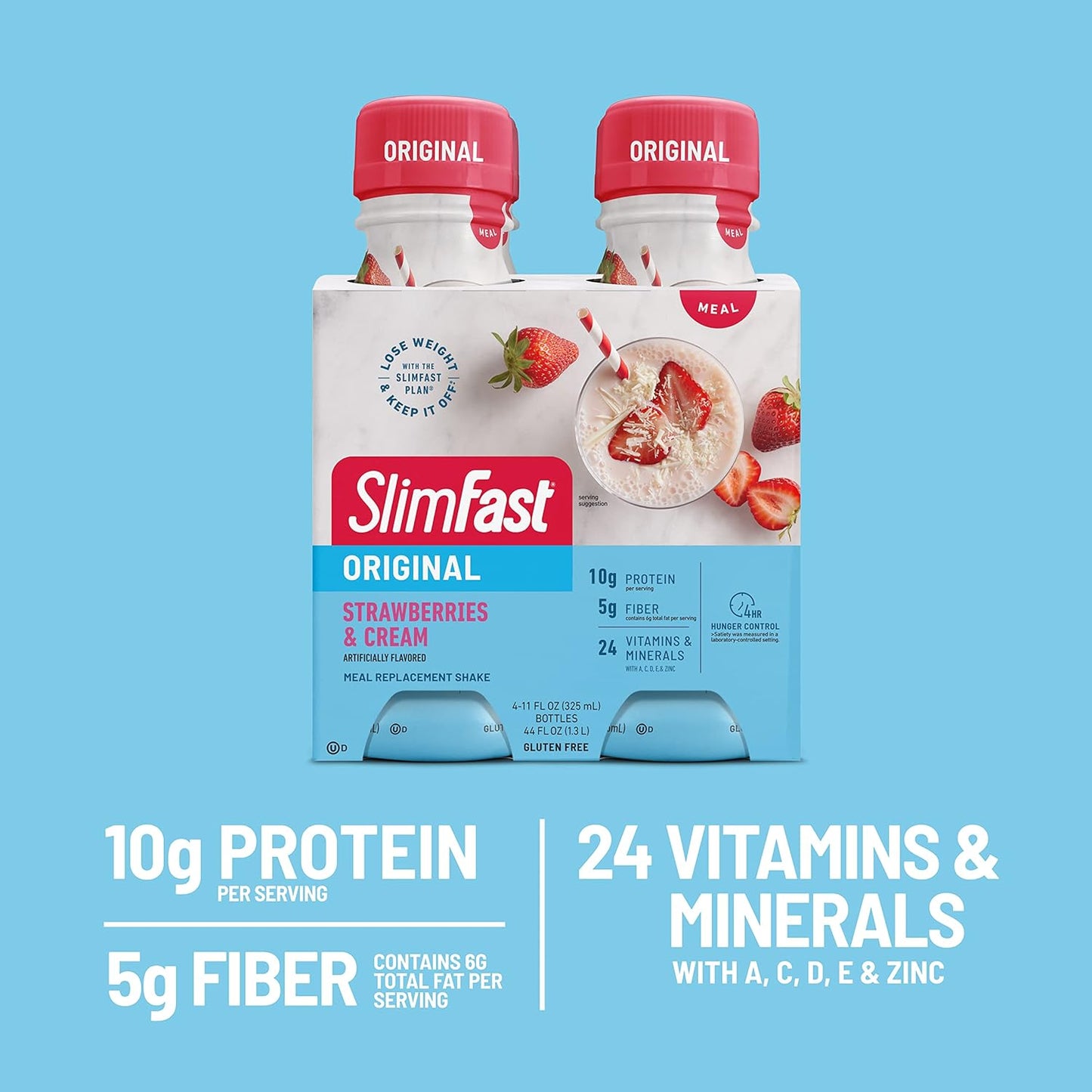 SlimFast Original Strawberries & Cream Meal Replacement Shake - 10g Protein - 11 Fl. Oz Bottle - 4 Count x 3 Packs - Weight Loss Shake